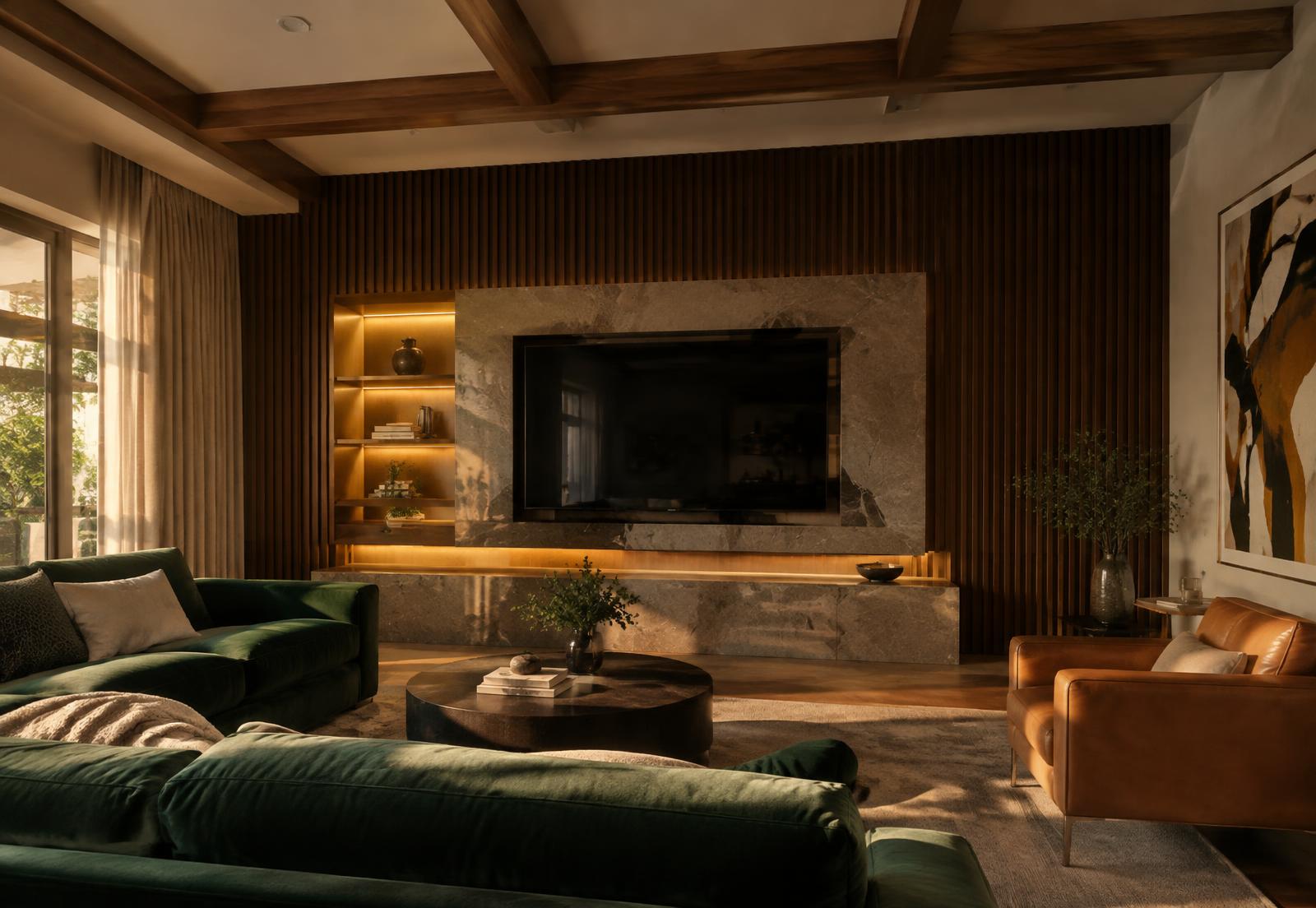 Living room with fluted walnut slat wall, integrated stone TV feature, lit shelving, and a beamed ceiling