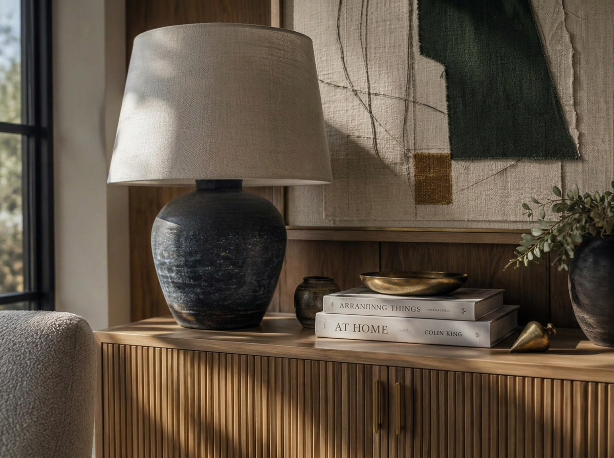 A sculptural lamp on a fluted credenza in warm light
