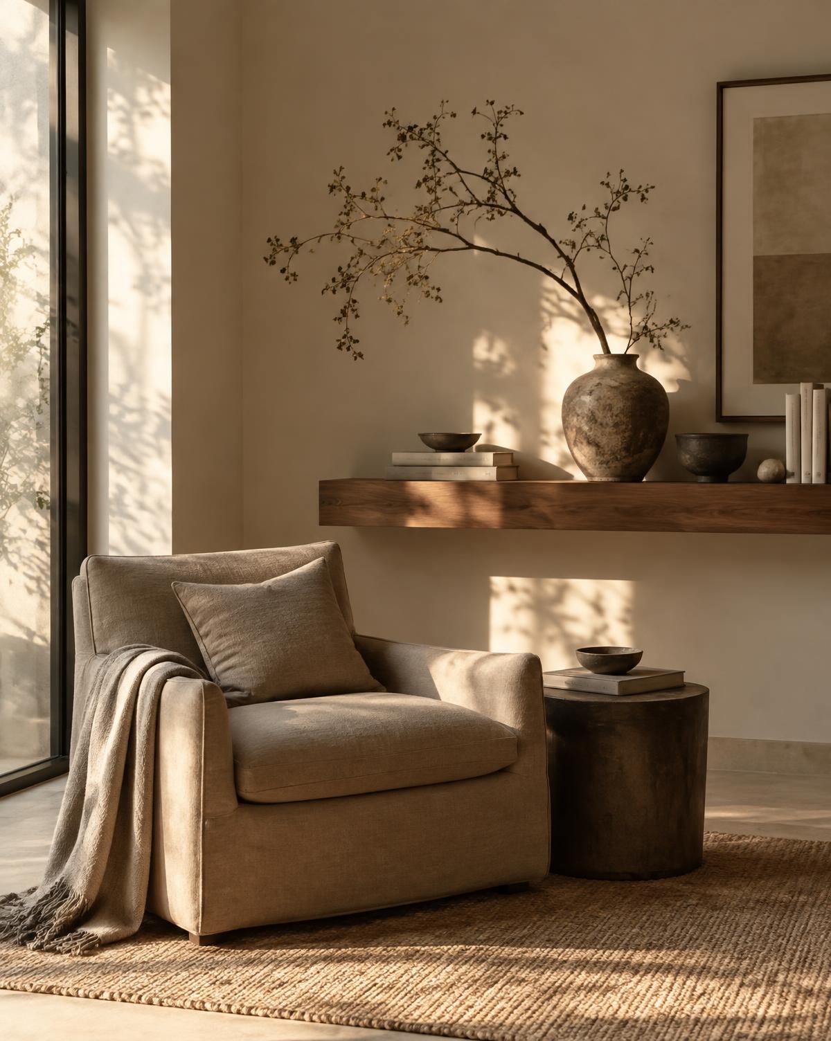 A quiet, sunlit corner of a luxury home with warm cream walls and natural materials