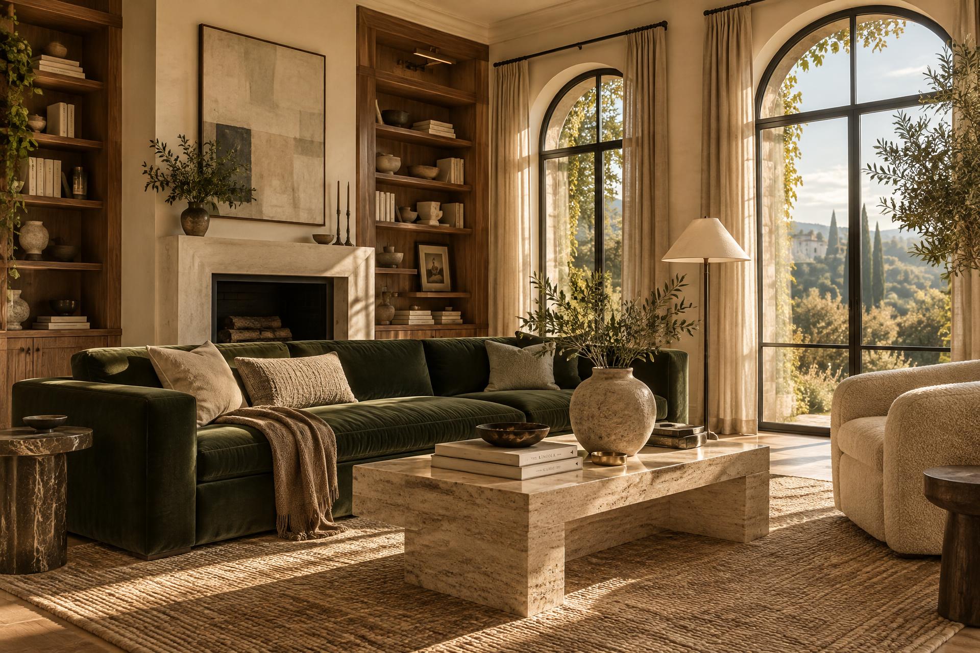 Sophisticated living room with warm natural light, cream walls, and walnut wood accents