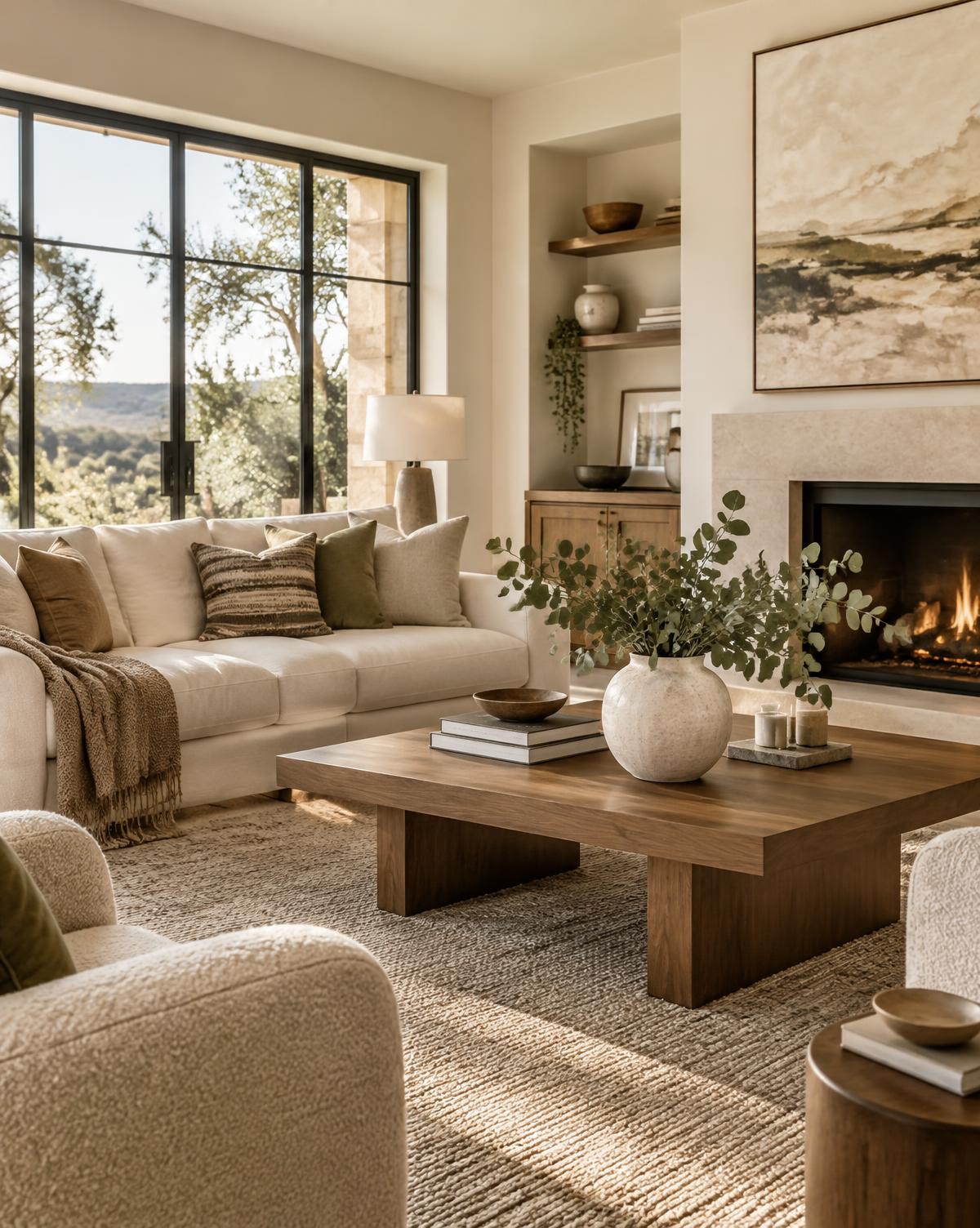 A beautifully staged living room with warm neutral tones and natural light